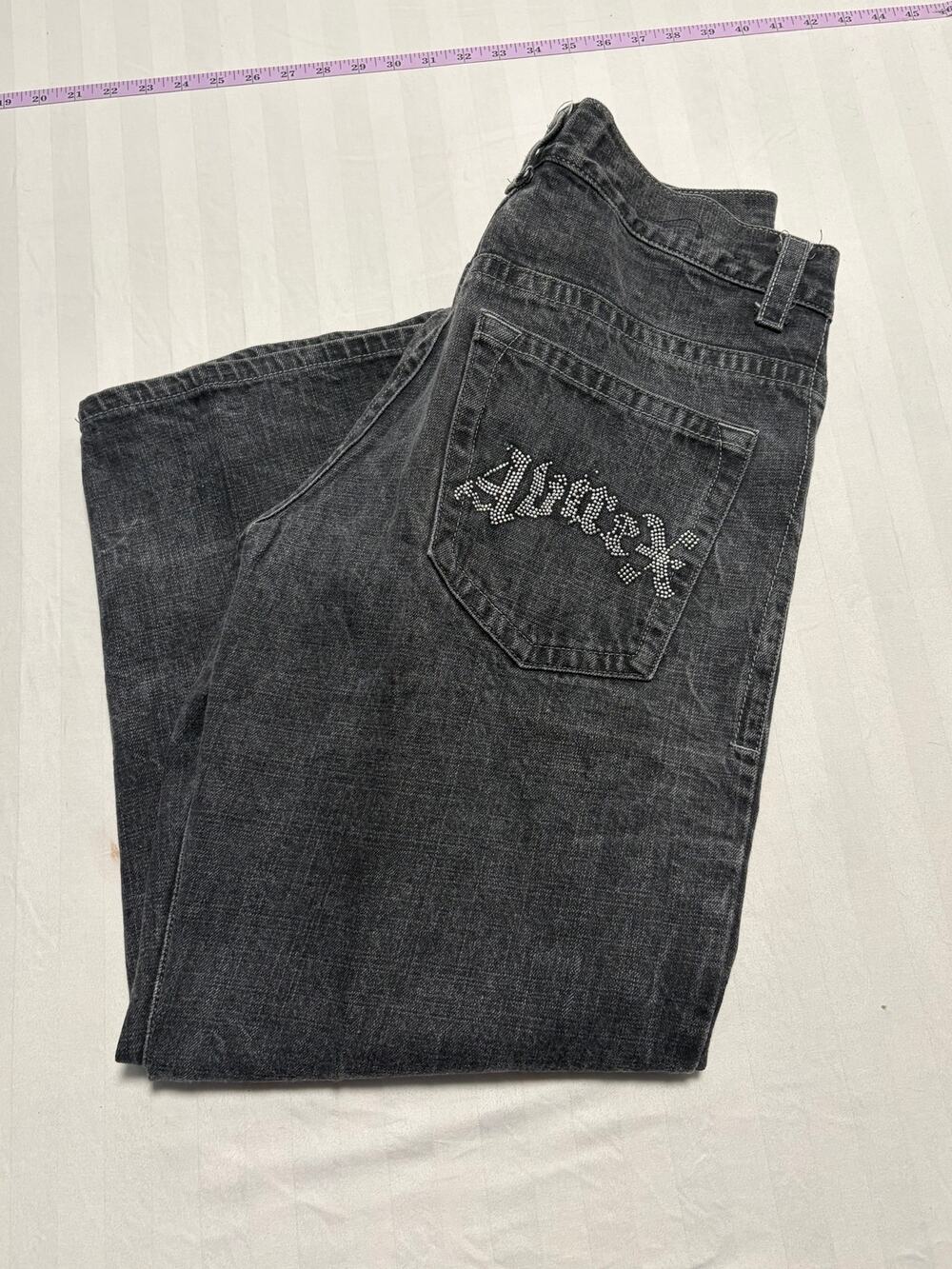 Avirex Y2K Black Wash Baggy Jeans 34x32 Rhinestone Logo Hip Hop Streetwear